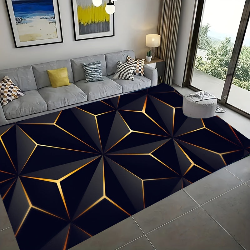 Black and Gold Geometric Area Rug for Living Room and Bedroom Slip-Resistant Carpet