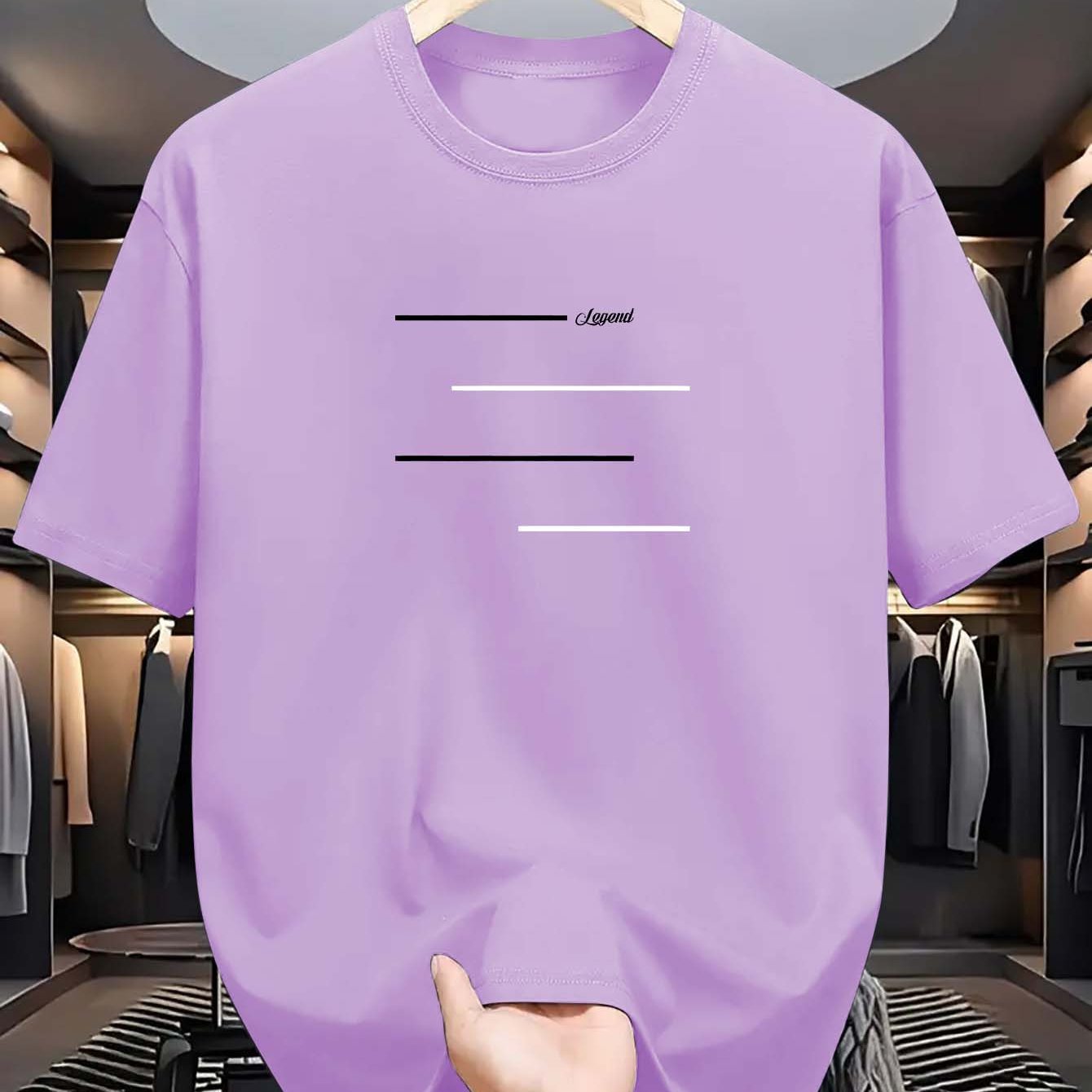 Erkaklar uchun tasodifiy chiziqli polyester T-ko'ylak, qisqa yenglar va dumaloq bo'yin bilan. Yozgi sarguzasht grafikasi mavjud, mashinada yuvish mumkin. Yozgi tasodifiy kiyim uchun mukammal.