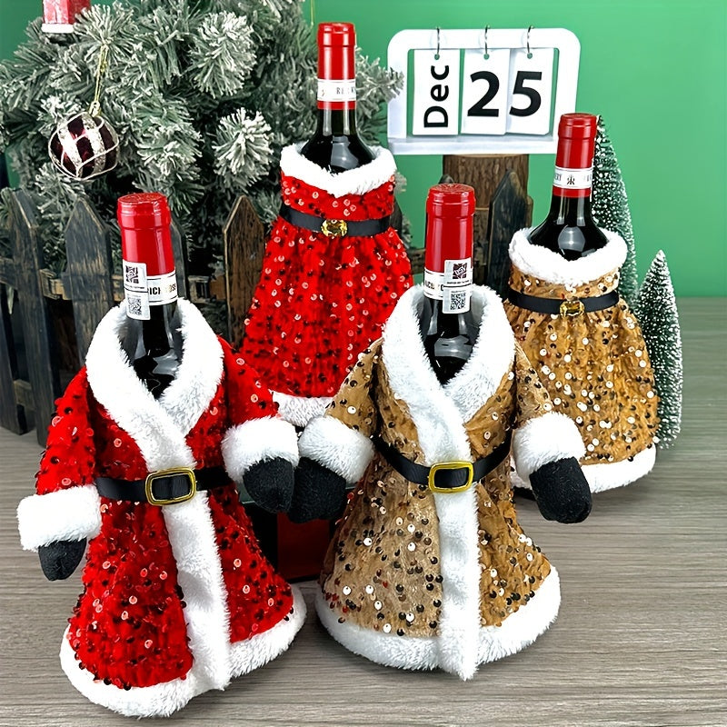 Set of 2 Festive Christmas Wine Bottle Covers with Sequined Attire Plush Hats Leak-Proof Sweater