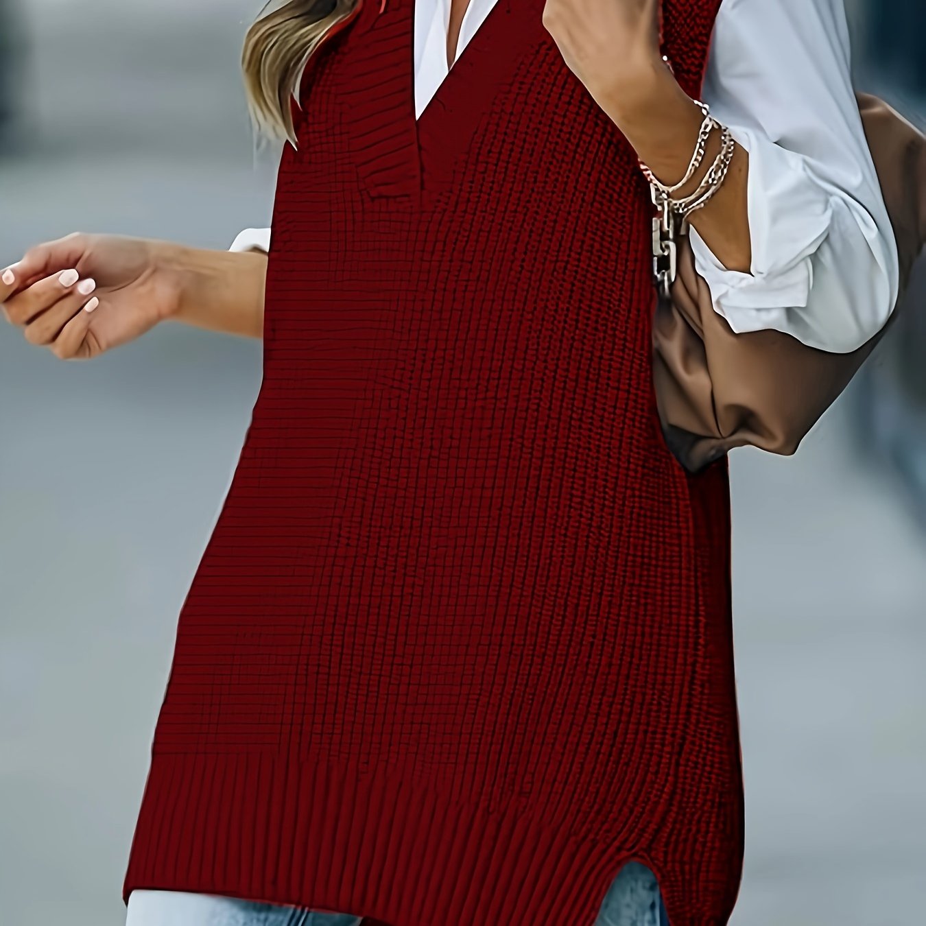 Женский вязаный жилет с V-образным вырезом, однотонный, повседневный свитер на выходные