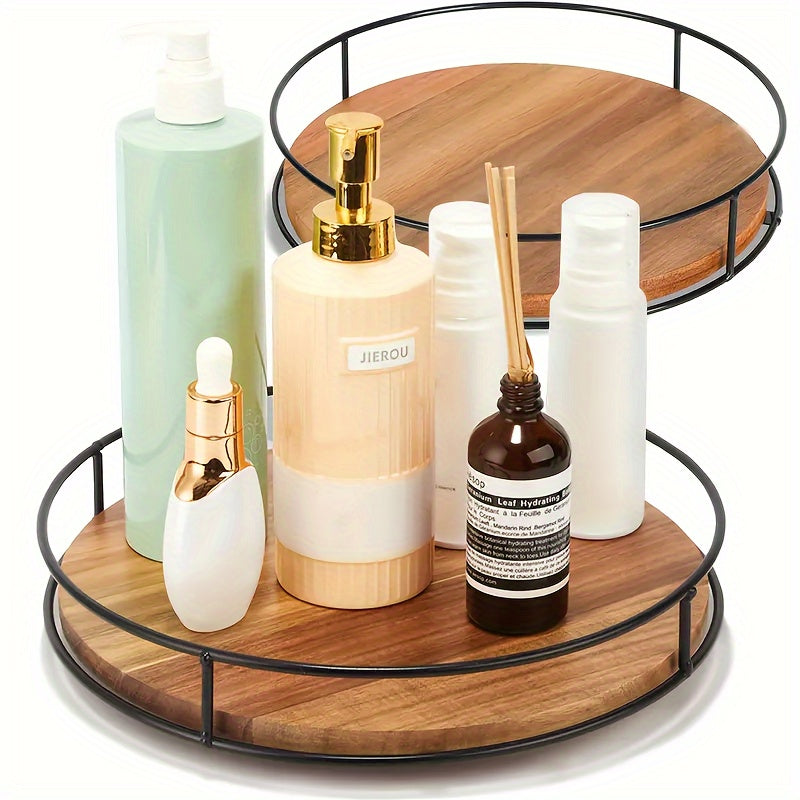 Wooden Rotating Storage Rack with Steel Handrails Kitchen Seasoning Turntable Solid Wood Organizer
