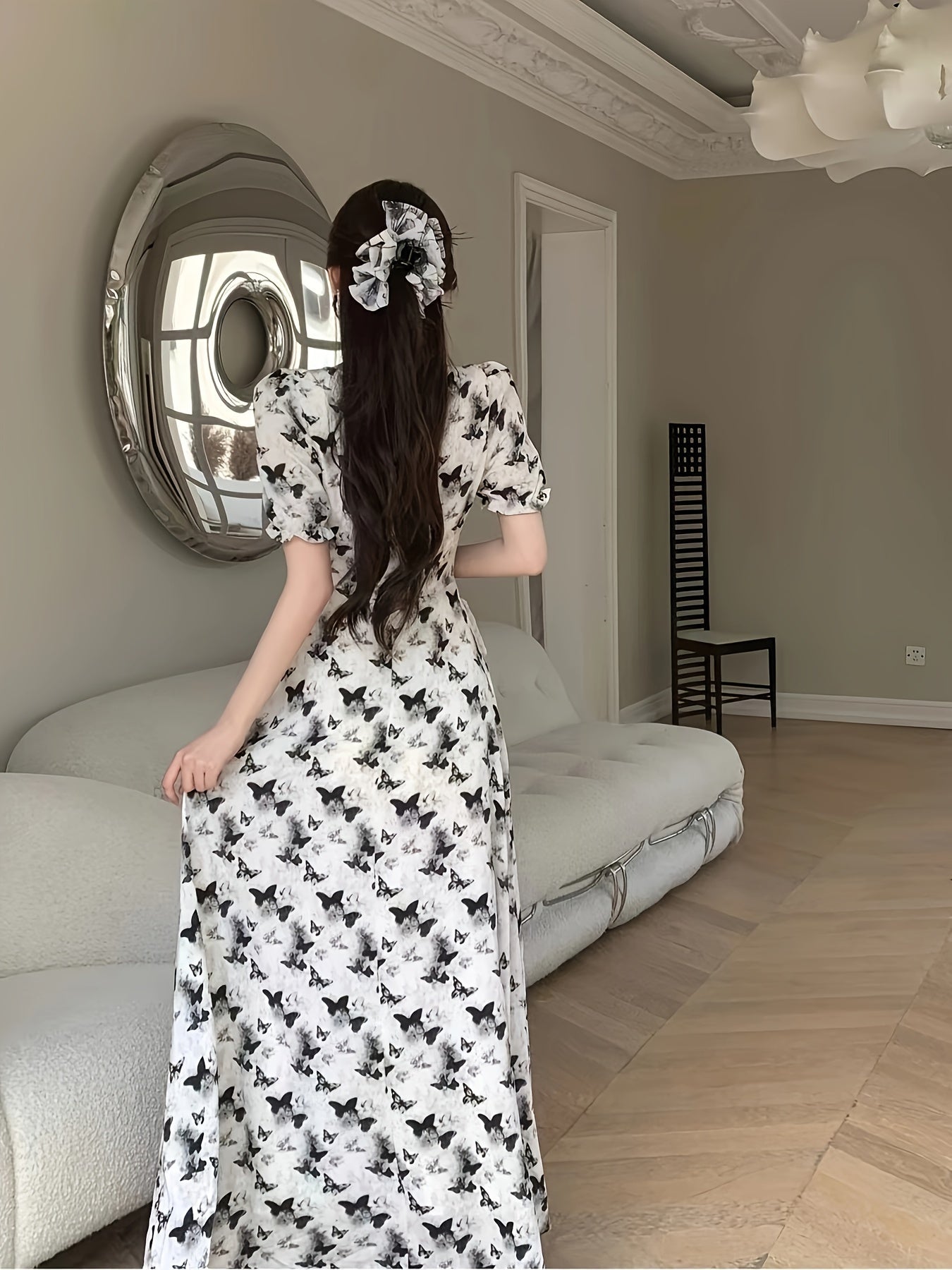 Vestido con estampado de mariposas, dobladillo con volantes, cuello cuadrado, cordón, poliéster para primavera, verano y otoño