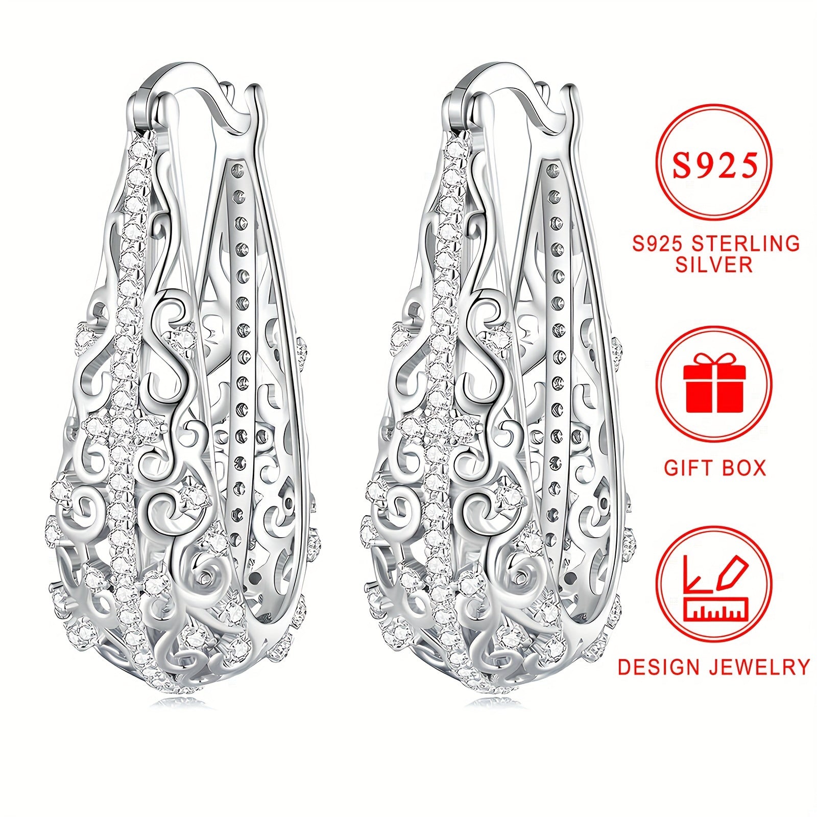 Large Silver Earrings with Zirconia Flower Pattern 18K Gold Plated Hypoallergenic