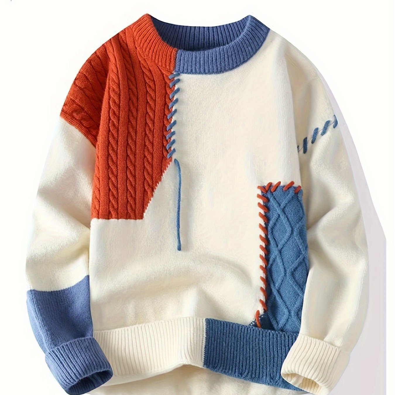 Men's Color-Block Cable Knit Sweater Long Sleeve Casual Autumn Winter