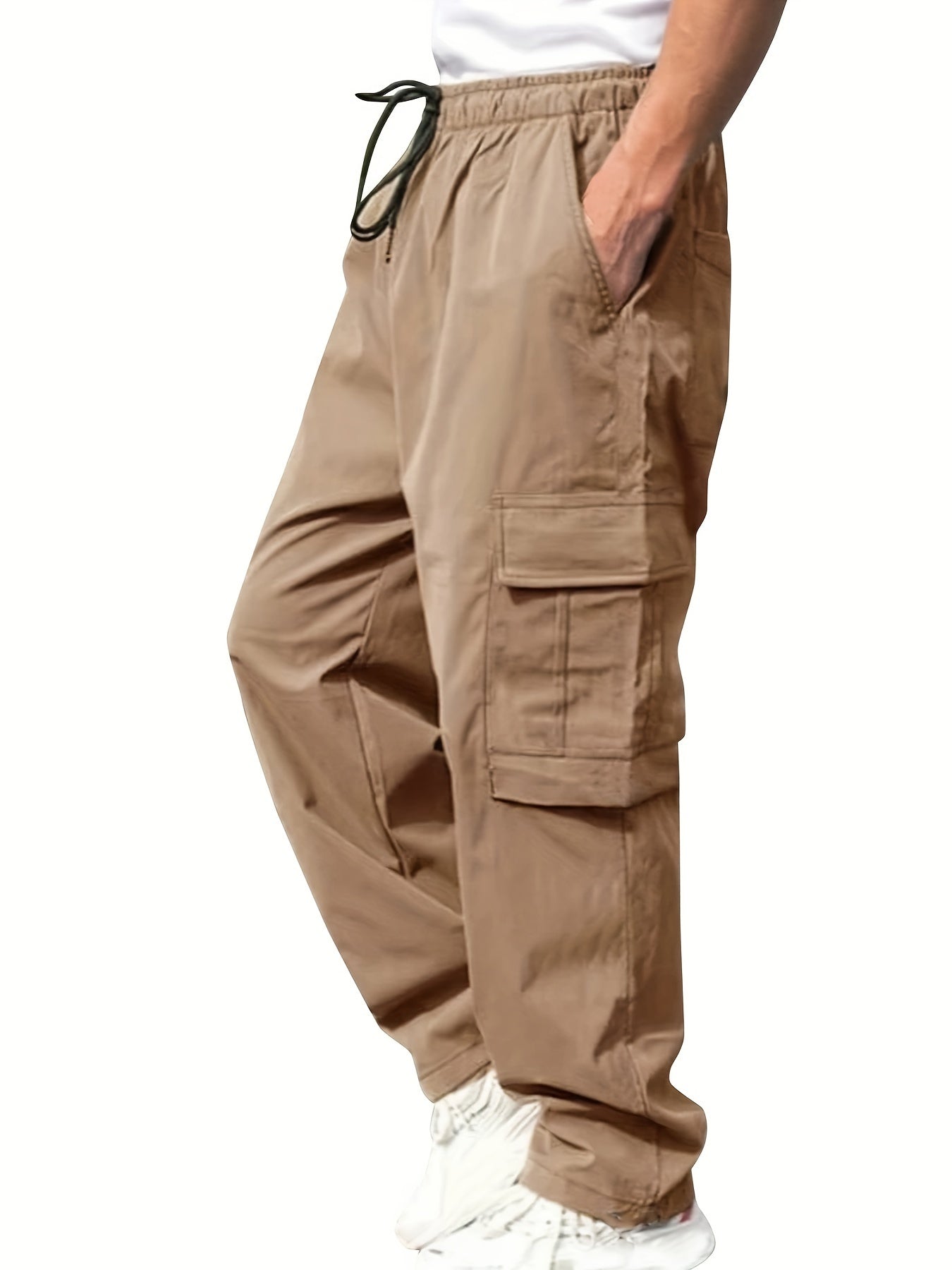 Men's Olive Green Cargo Pants Lightweight Twill with Side Pockets Adjustable Waist All-Season