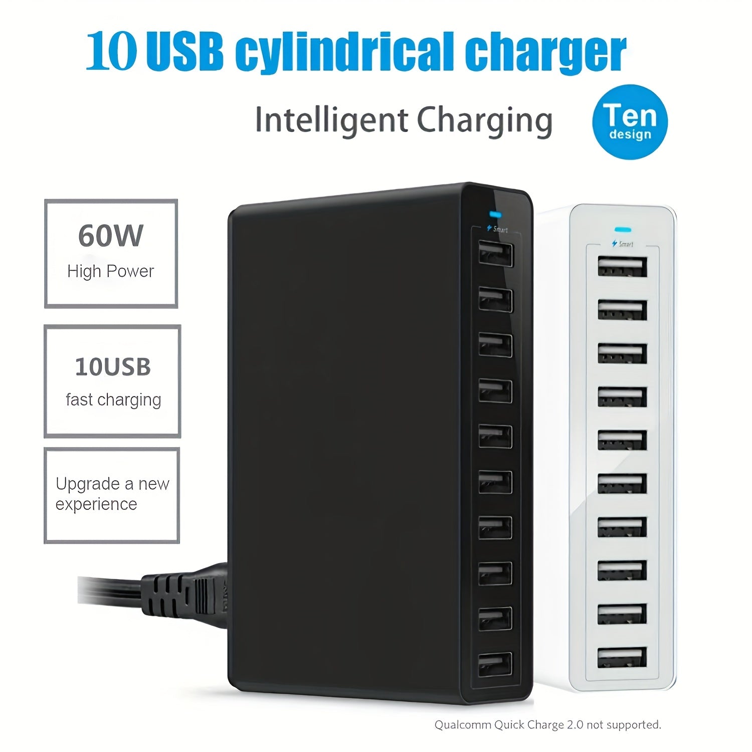 60W Fast Charging 10-Port USB Power Station European Plug Multi-Protection for iPad iPhone and USB Devices