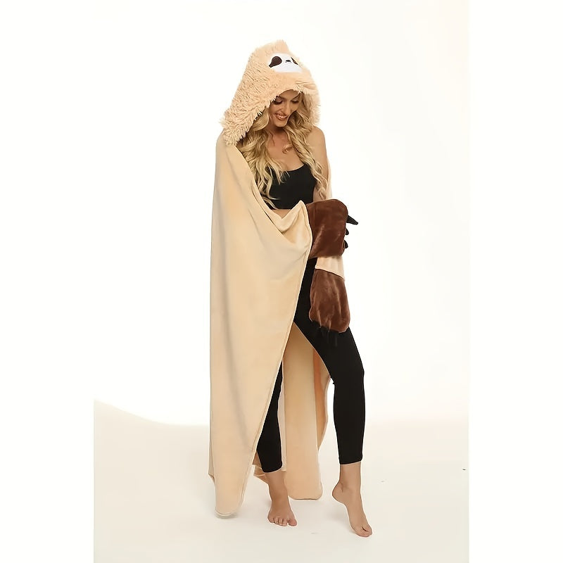 Women’s Soft Fluffy Hooded Sloth Wearable Blanket with Pockets 149x130 cm
