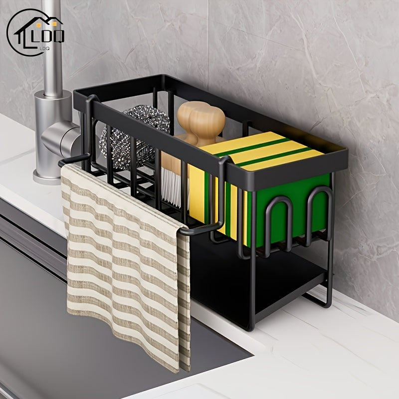Organizador de fregadero de cocina con soporte para toallas, soporte para esponjas de metal, soporte para jabón y drenaje automático