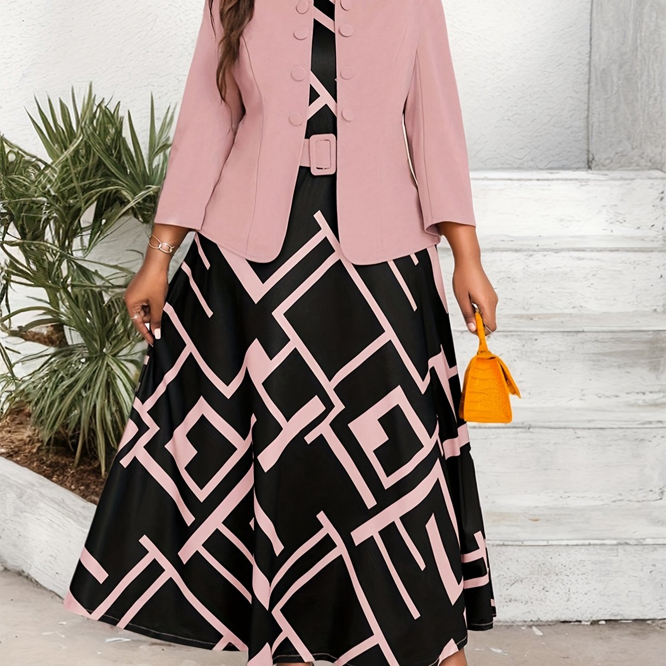 Plus-Size Pink Coat and Dress Set with Long Sleeves and Elegant Pattern