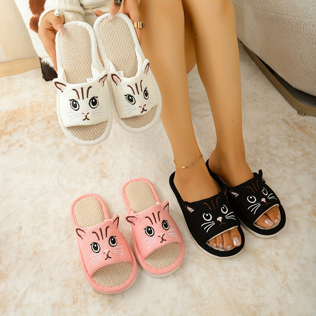 Women's Cat Slippers Open-Toe Pink Cushioned Indoor Outdoor Shoes