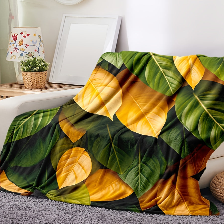 3D Leaf Print Flannel Blanket for Sofa Bed Travel Cozy Throw