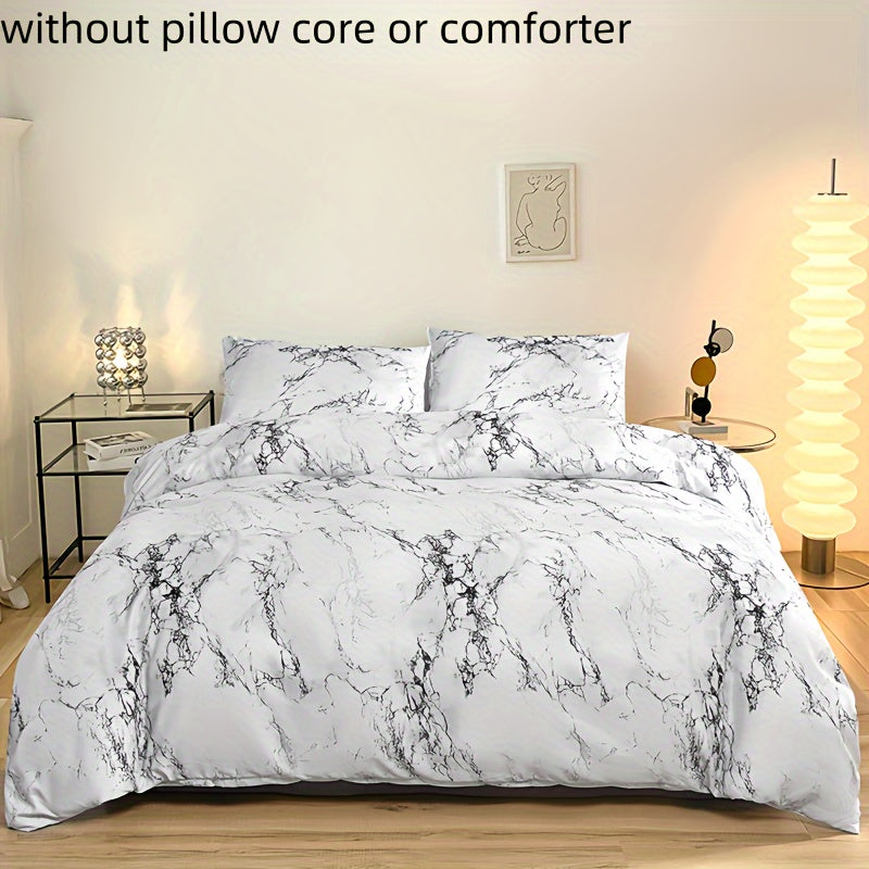 Three-Piece Polyester Quilt Cover Set with Marble Pattern for Bedroom
