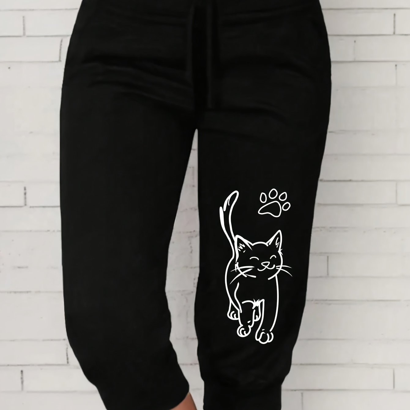 Plus Size Cat Print Casual Tie Waist Pants for Summer Women