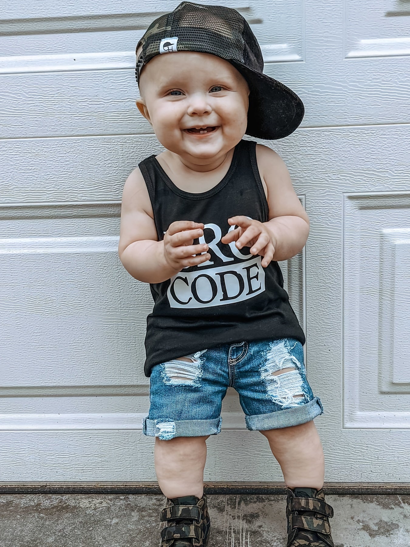 Kids Summer Outfit for Boys 2-Piece Casual Set with Black Letter Print Tank Top and Ripped Shorts