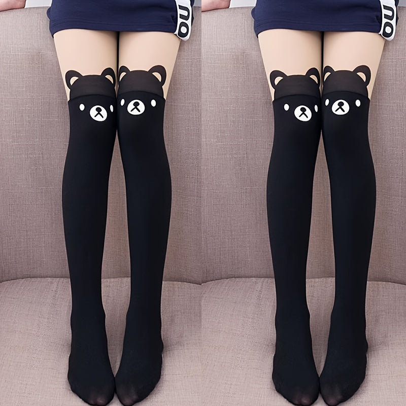 Girls' Leggings with Bear Cartoon Print Soft Breathable Stretchy for Dance Casual Wear Black White