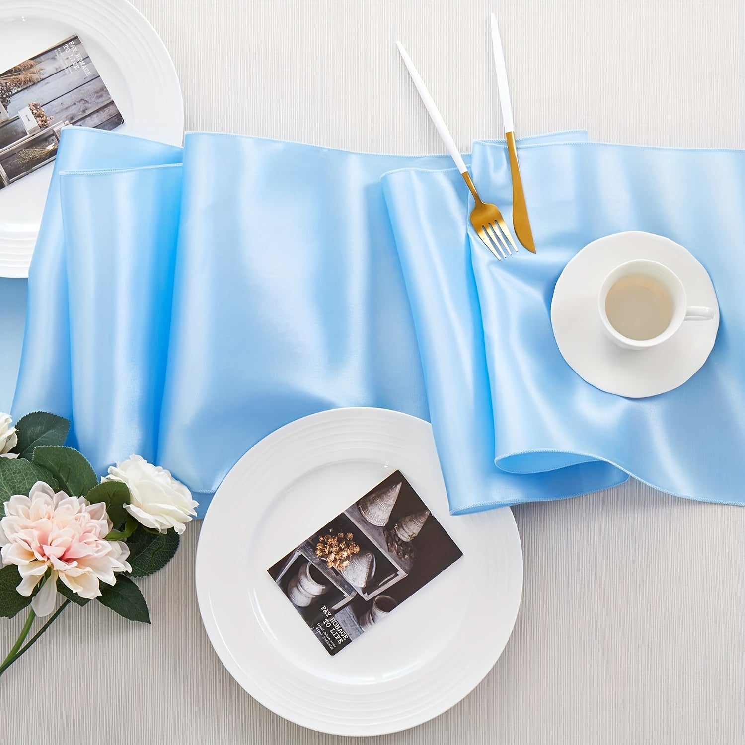 Light Blue Satin Table Runner 30.48 x 274.32 cm for Weddings and Formal Events
