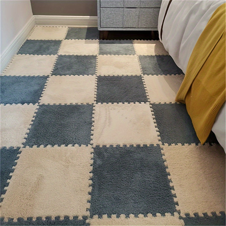 12 Pieces Creative Puzzle Carpet Set, Solid Color Square Bedside Rug, 29.97cm