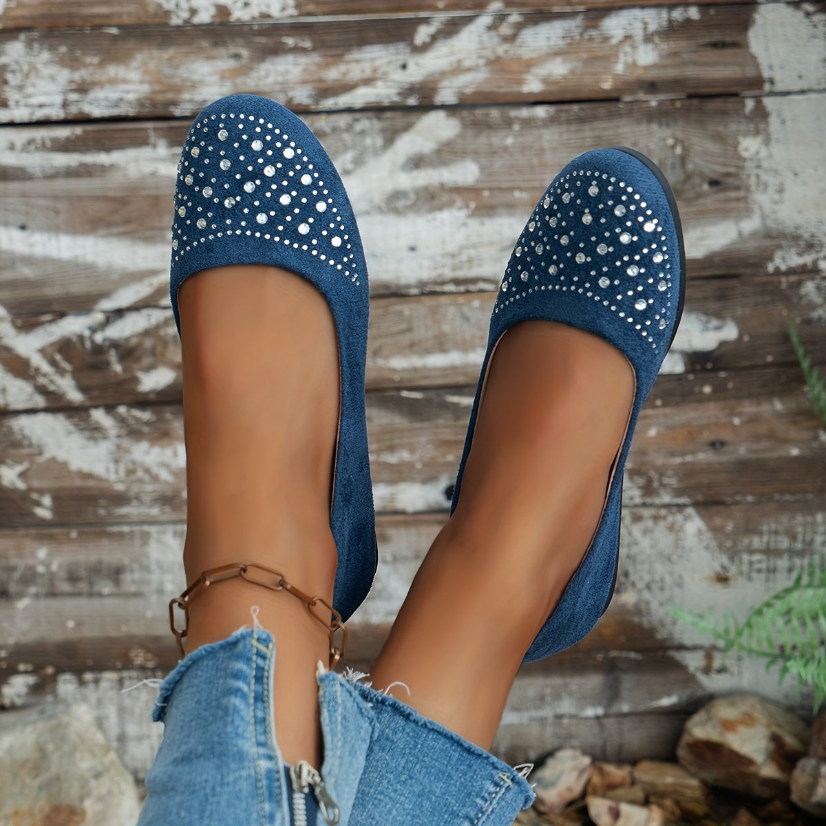 Women's Navy Blue Velvet Flats with Rhinestones for Casual Walking
