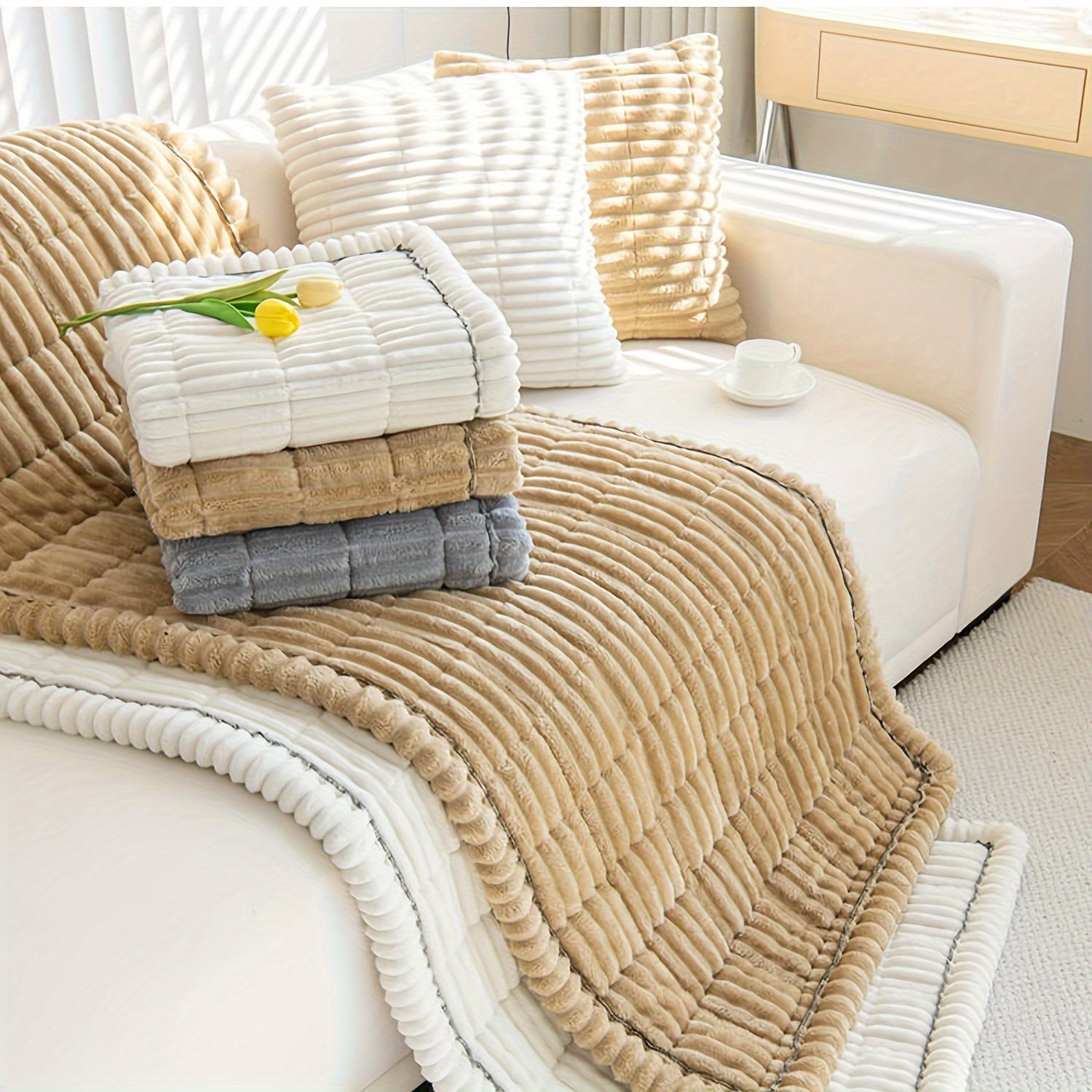 Boho Style Quilted Short Plush Sofa Cover with Ruffle Design Non-Slip Pet Friendly Machine Washable