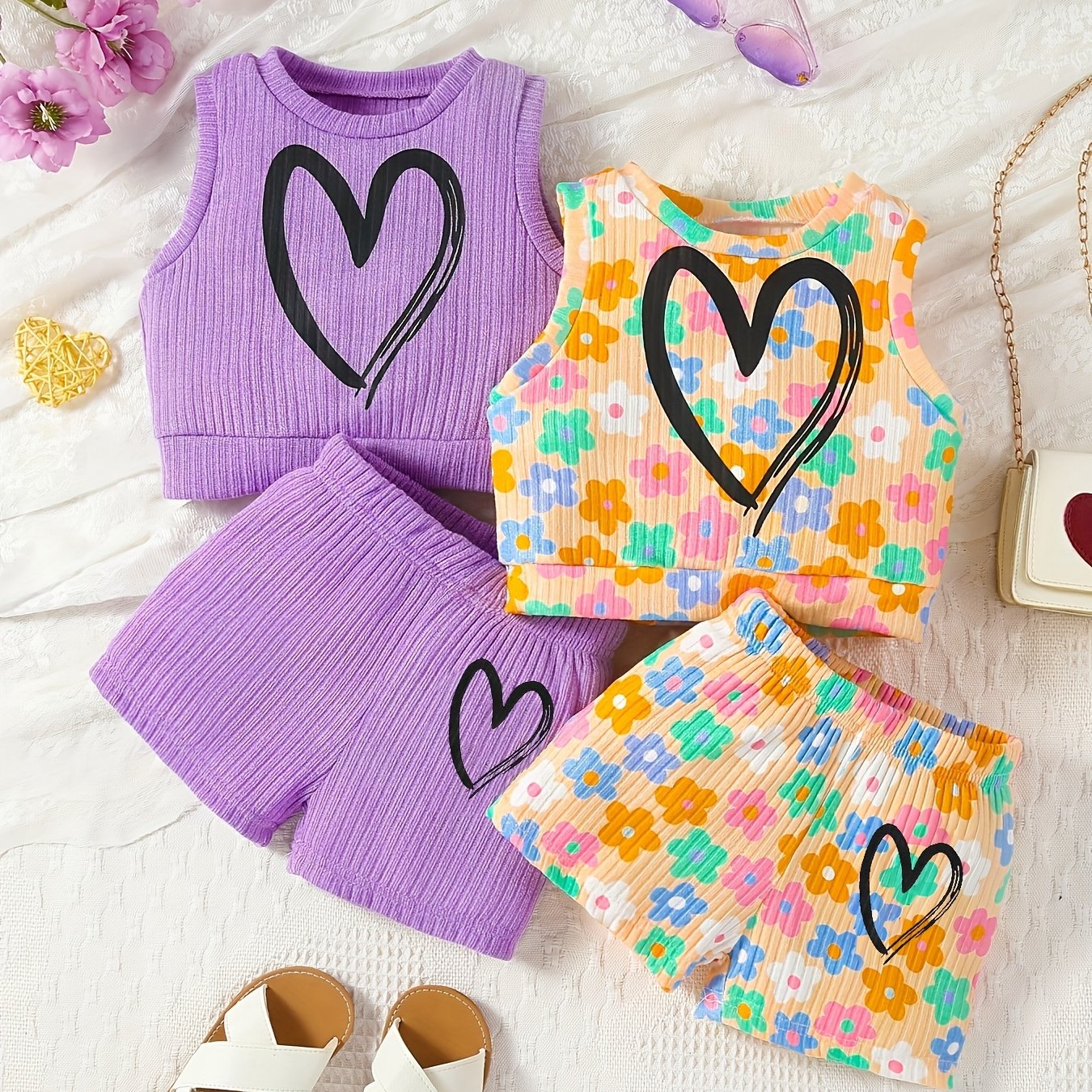 Girls Summer Outfit Set 4 Pieces Heart Print Tank Top and Shorts Polyester Knit Casual