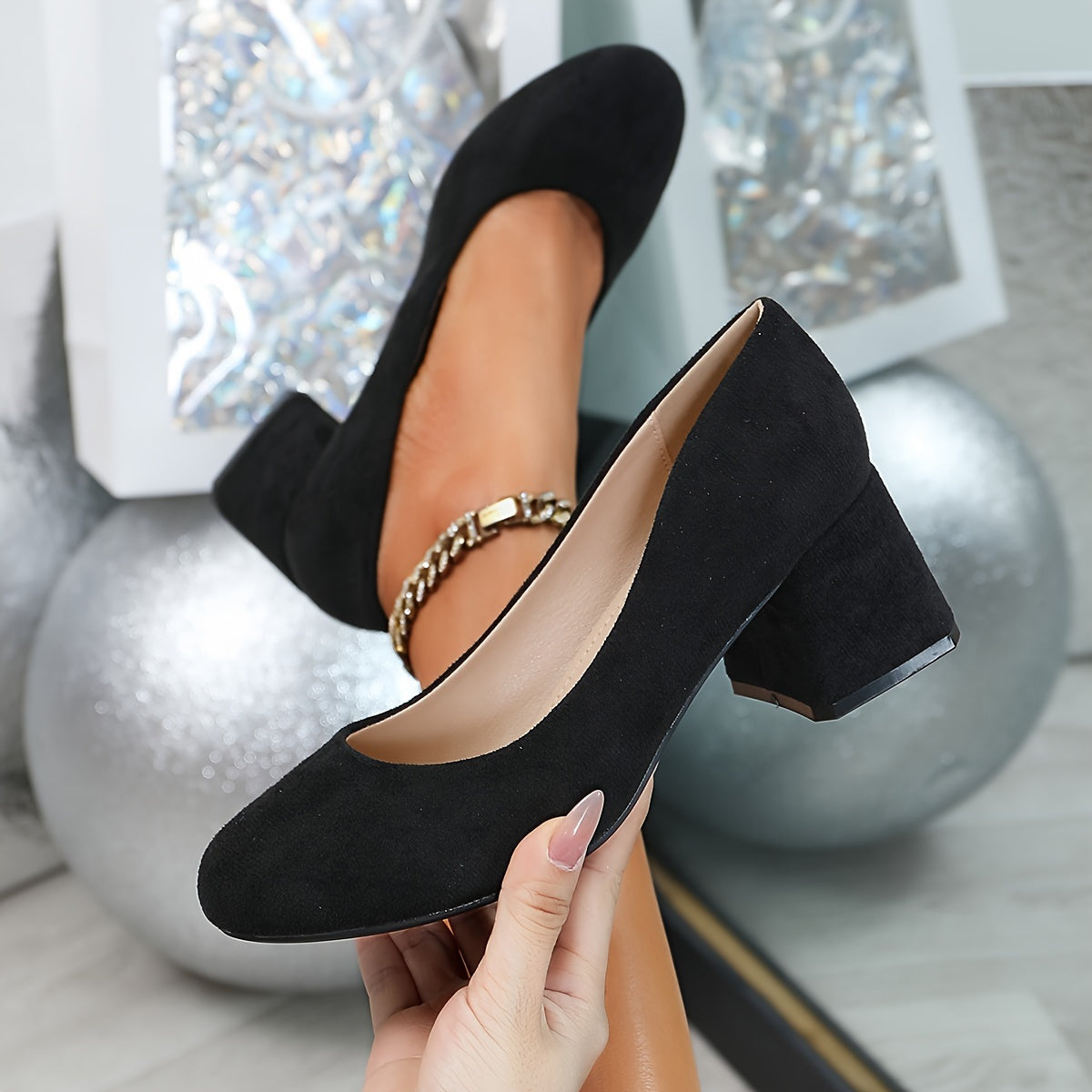 Women's Round Toe Pumps Mid Heel Dress Shoes All-Season Comfortable