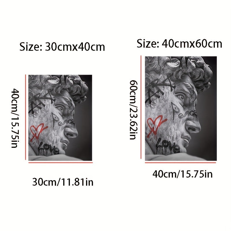 Zamonaviy kulrang devor san'ati, Mikelanjeloning David asari, graffiti va yurak aksentlari bilan, yashash xonasi, yotoqxona yoki ofis bezatish uchun.