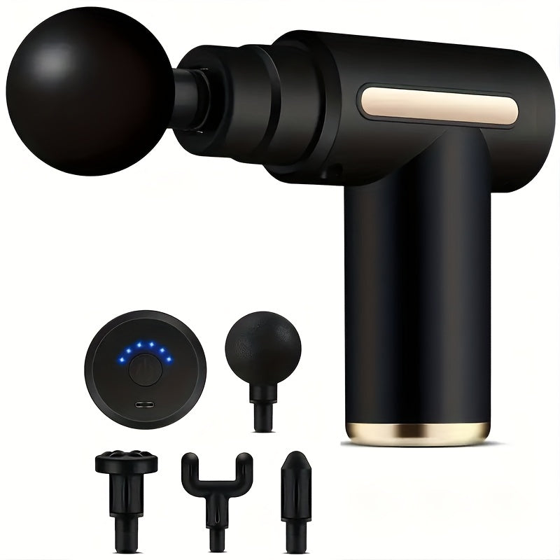 USB orqali zaryadlanadigan LED displeyli tana massajchisi, 4 ta almashtiriladigan bosh, ultra-ovozsiz mushak quroli, erkaklar va ayollar uchun yengil dizayn - litiy polimer batareya, qo'l bilan urish massaji