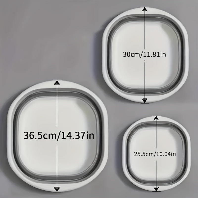 3 to'plam ko'p funksiyali portativ plastik egiluvchan yuvish idishlari, sabzavot idishlari, talaba yotoqxonalari uchun oyoq vannalari yoki oyoq idishlari sifatida foydalanish uchun mos. Zamonaviy kvadrat dizayni mavjud.