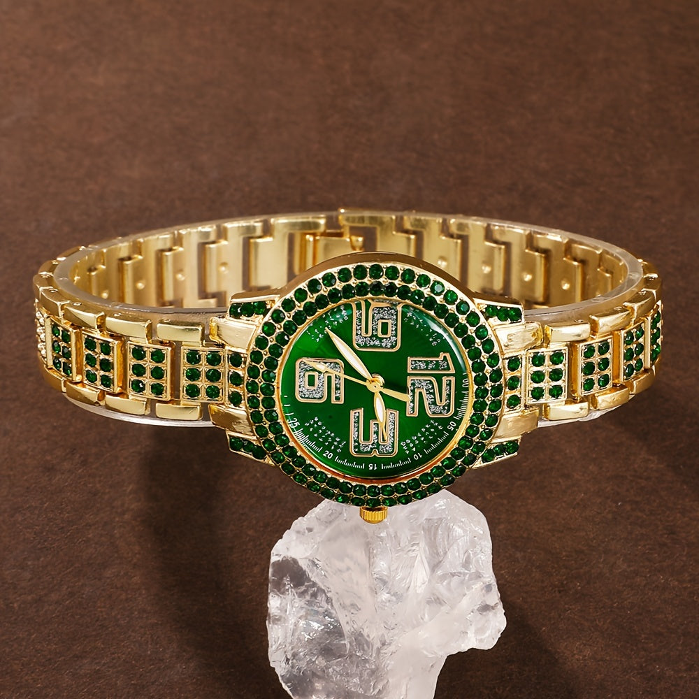 Ayollar modasi soati va zargarlik to'plami, yashil rhinestone, kvarts, an'anaviy, zanjirli taqinchoq, bilaguzuk, sirg'a, uzuk bilan