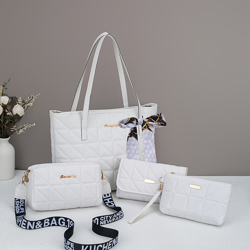 Lightweight Faux Leather Four-Piece Handbag Set with Rhombus Grid Design for Daily Use