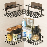 Black Metal Corner Shelf with Hooks Waterproof Adhesive Mount Bathroom Organizer