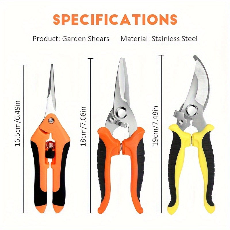 Set of 3 Gardening Tools Stainless Steel Pruning Shears Scissors for Trimming