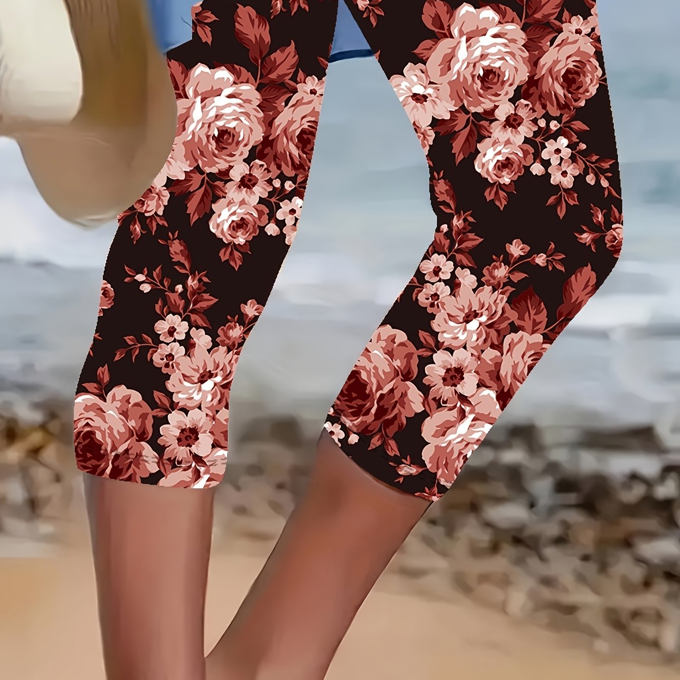 Women's Black Floral Print Slim-Fit Capri Pants with Blue Roses