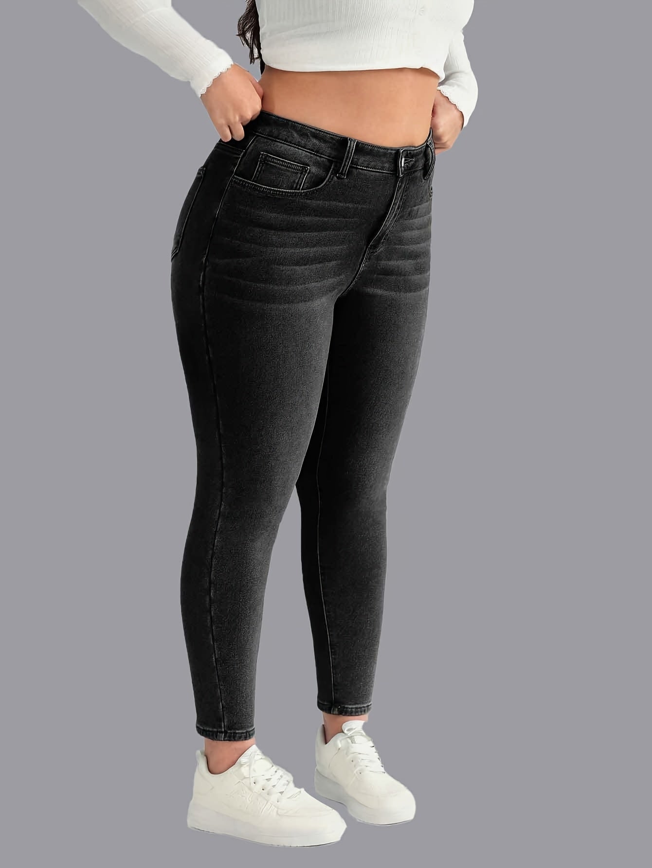 Jeans ajustados negros para mujer de tiro medio, corte delgado, casuales de mezclilla