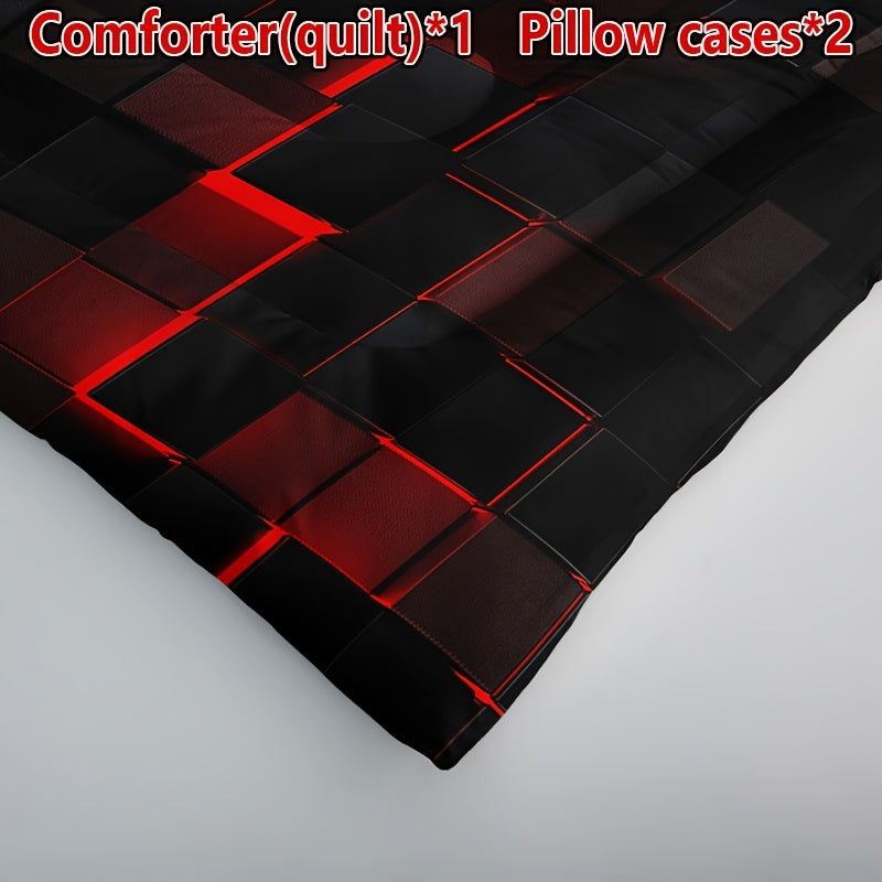 Set of 3 Black and Red Plaid Quilt Bedding with Pillowcases All-Season Soft