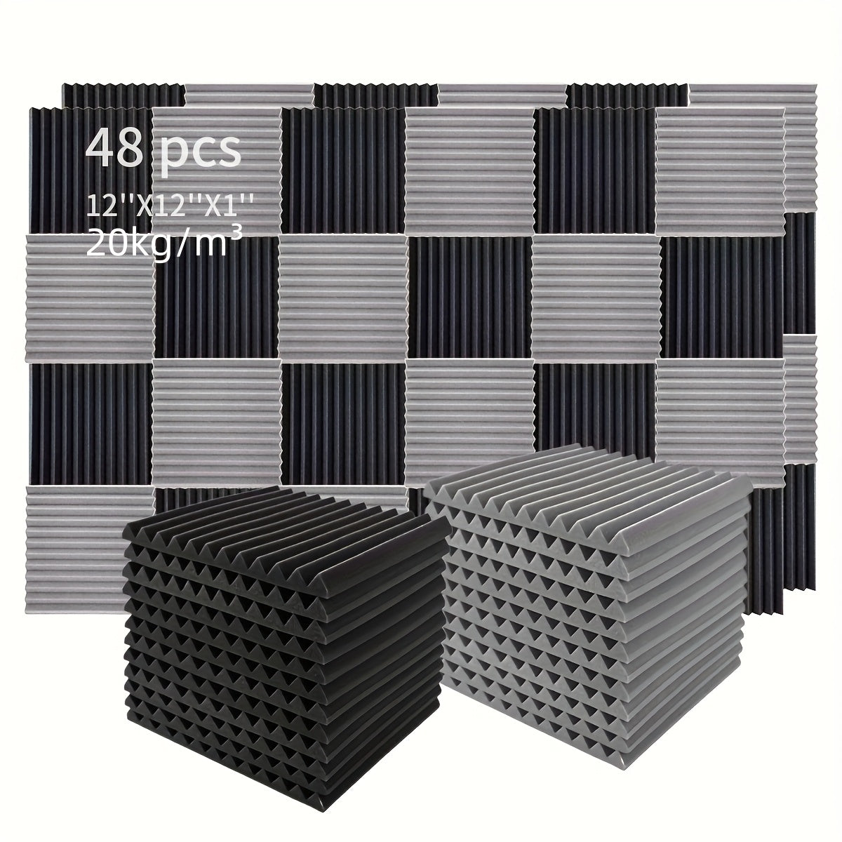 48pcs Acoustic Foam Panels Soundproofing Fire-Resistant Wedges for Studio Bedroom Office Black Gray