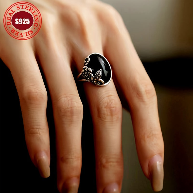 Винтажное роскошное кольцо с розой - Элегантное регулируемое кольцо из 925-й стерлинговой серебра с имитацией нефрита, идеальный подарок для нее