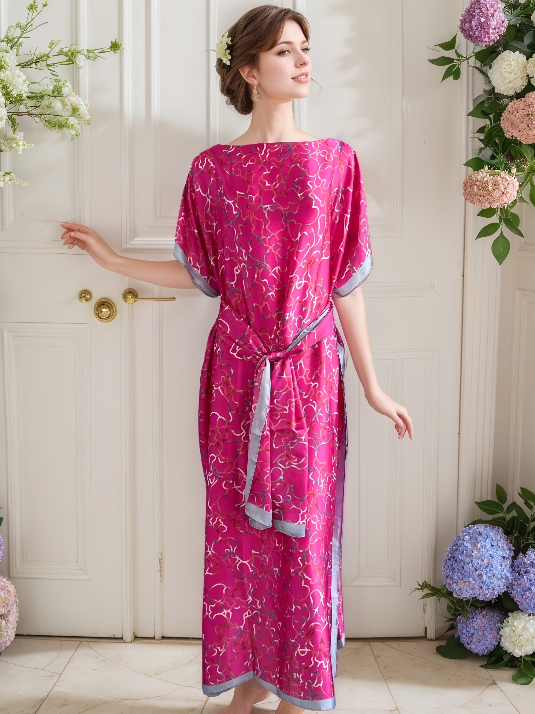 Plus Size Women's Pink Geometric Print Abaya With Headscarf Loose Fit Dress