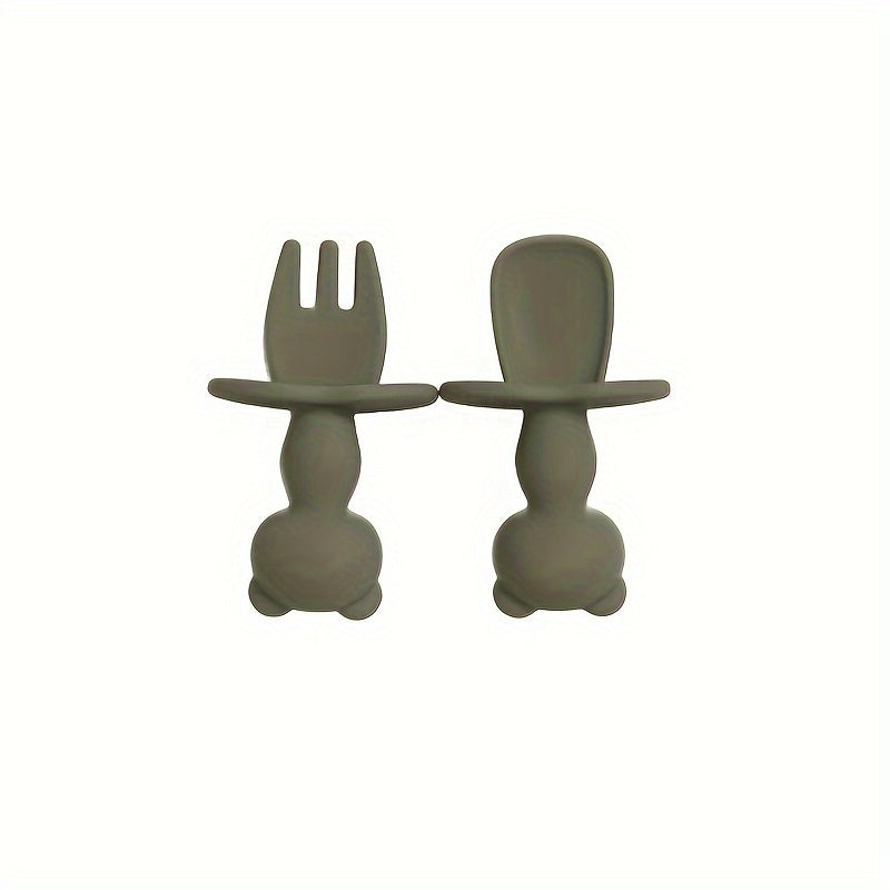 Juego de alimentación para bebé de 2 piezas, tenedor y cuchara de silicona Panda, suave, libre de BPA, vajilla para niños pequeños