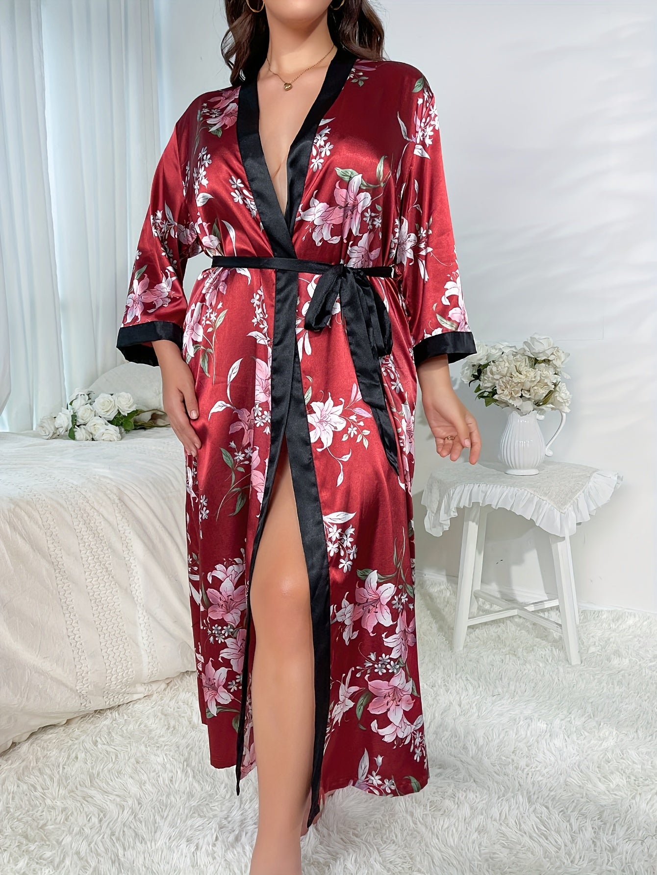Plus Size Satin Floral Print Bathrobe Set Women's Pajamas Cami Top Shorts