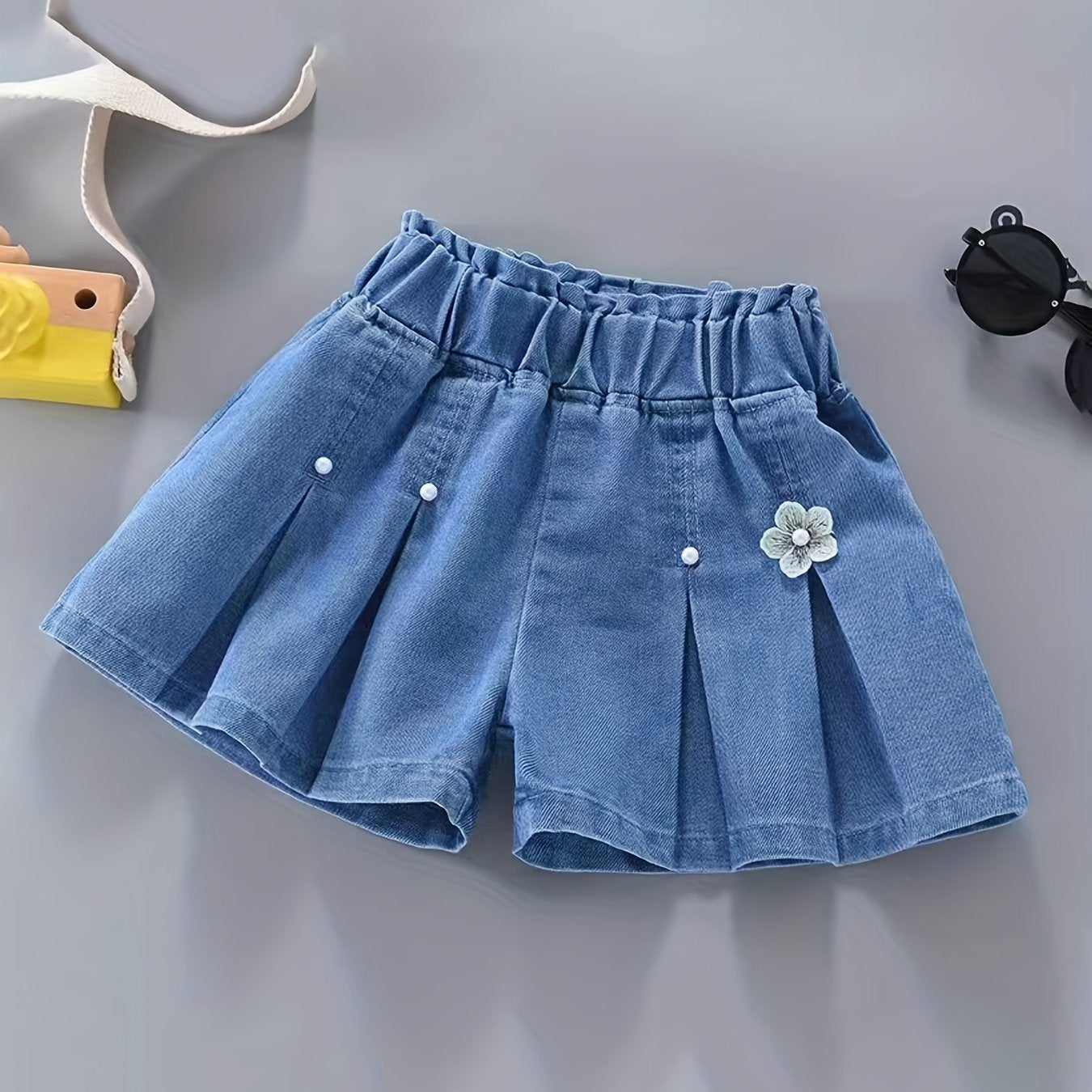 Girls' Denim Pleated Skirt and Ruffled Shorts for Summer with Elastic Waist
