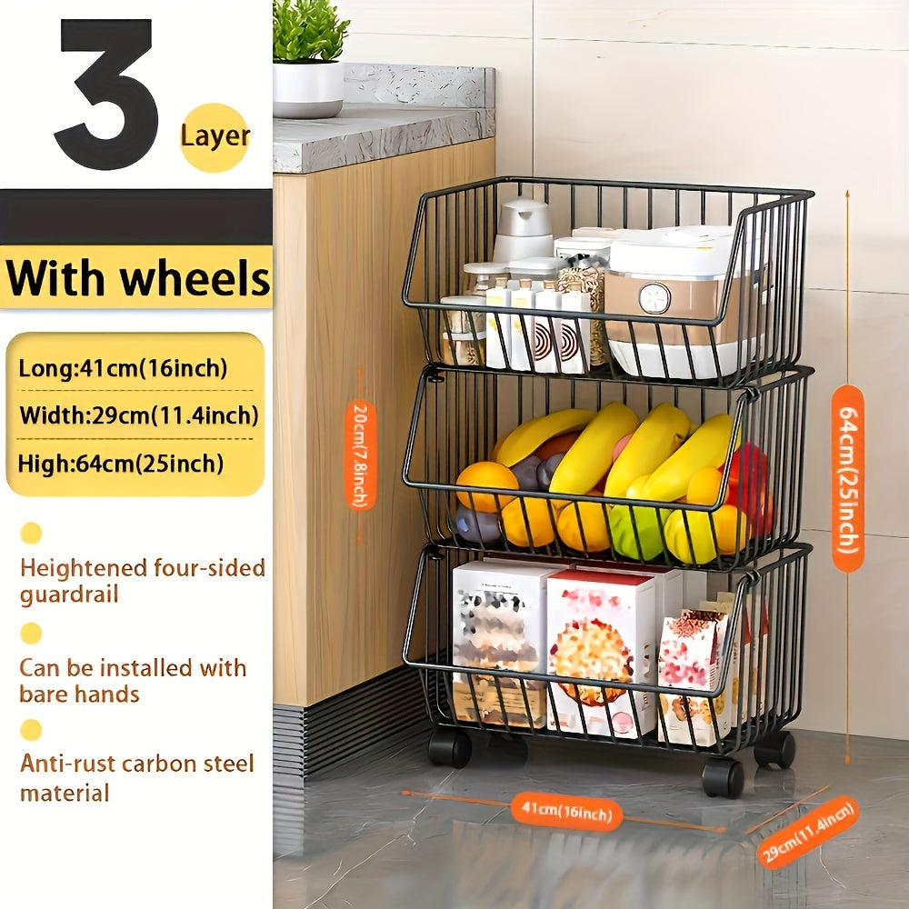Metal Storage Cart with Wheels Multi-Tier Organizer for Condiments Toiletries Snacks and Fruits