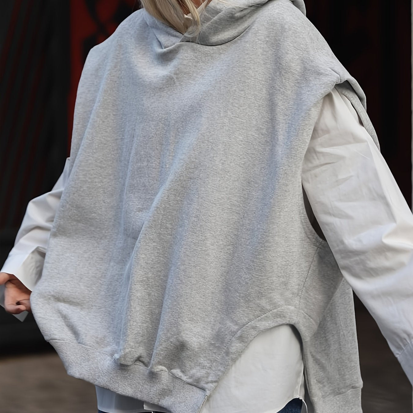 Sudadera sin mangas de talla grande para mujer con dobladillo con abertura para primavera y otoño casual