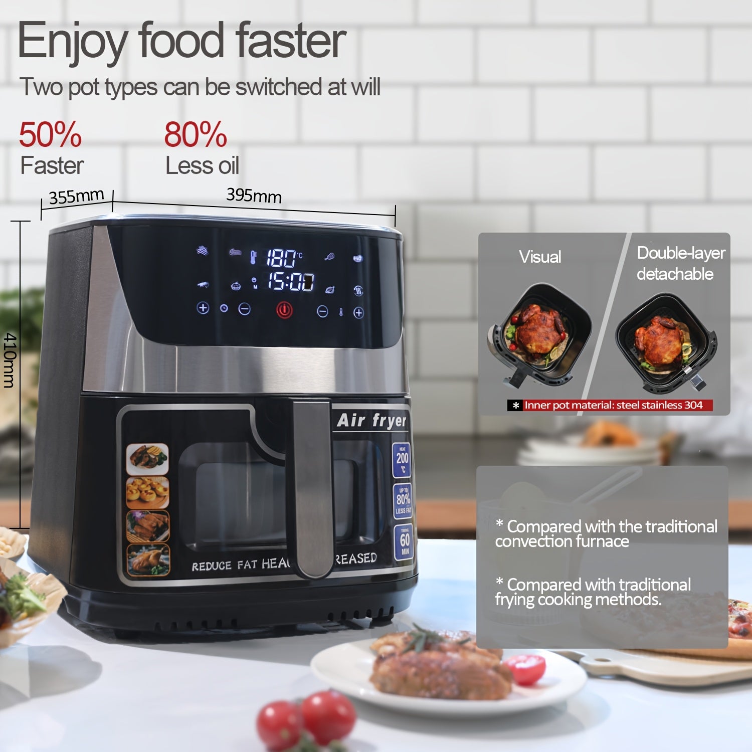 12L Touch Screen Havo Fritüri Kam Yog'li Yog'siz Pishirish 1930W Yevropa Plug