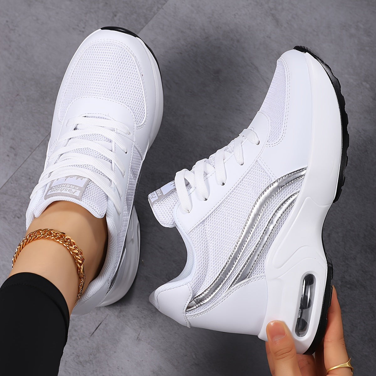 Women's Mesh Wedge Sneakers Casual Lace-Up White Air Cushion Shoes