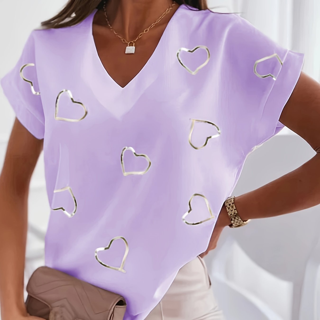 Women's Summer V-Neck T-Shirt with Red Heart Print Short Sleeve Breathable Polyester Blend