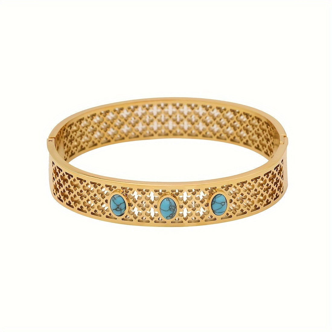 Women's Vintage Style 18K Gold Plated Stainless Steel Bracelet with Turquoise Inlay and Hollow Pattern