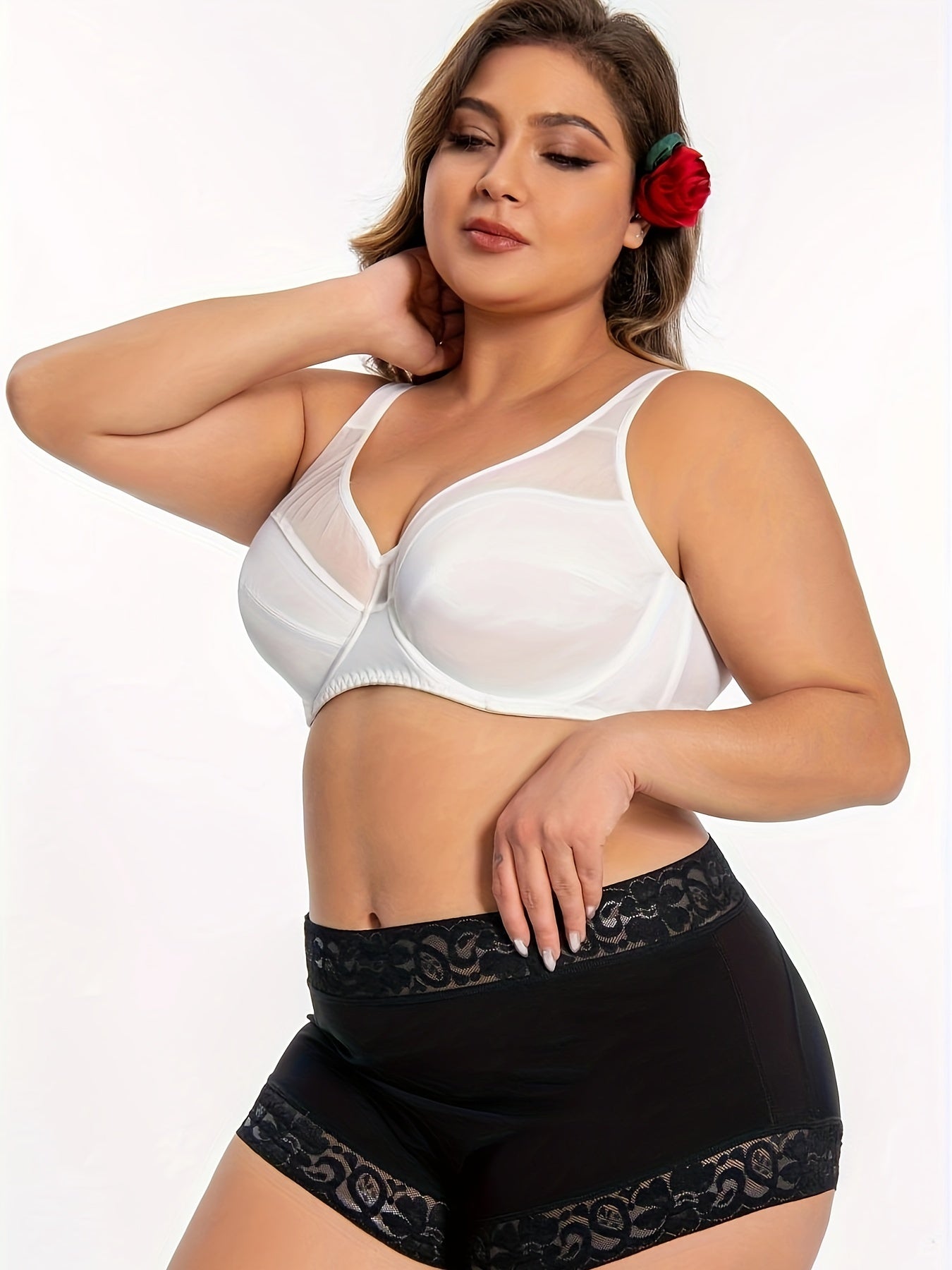 Plus Size Women's Full Cover Mesh Underwire Bra Solid Nylon Spandex