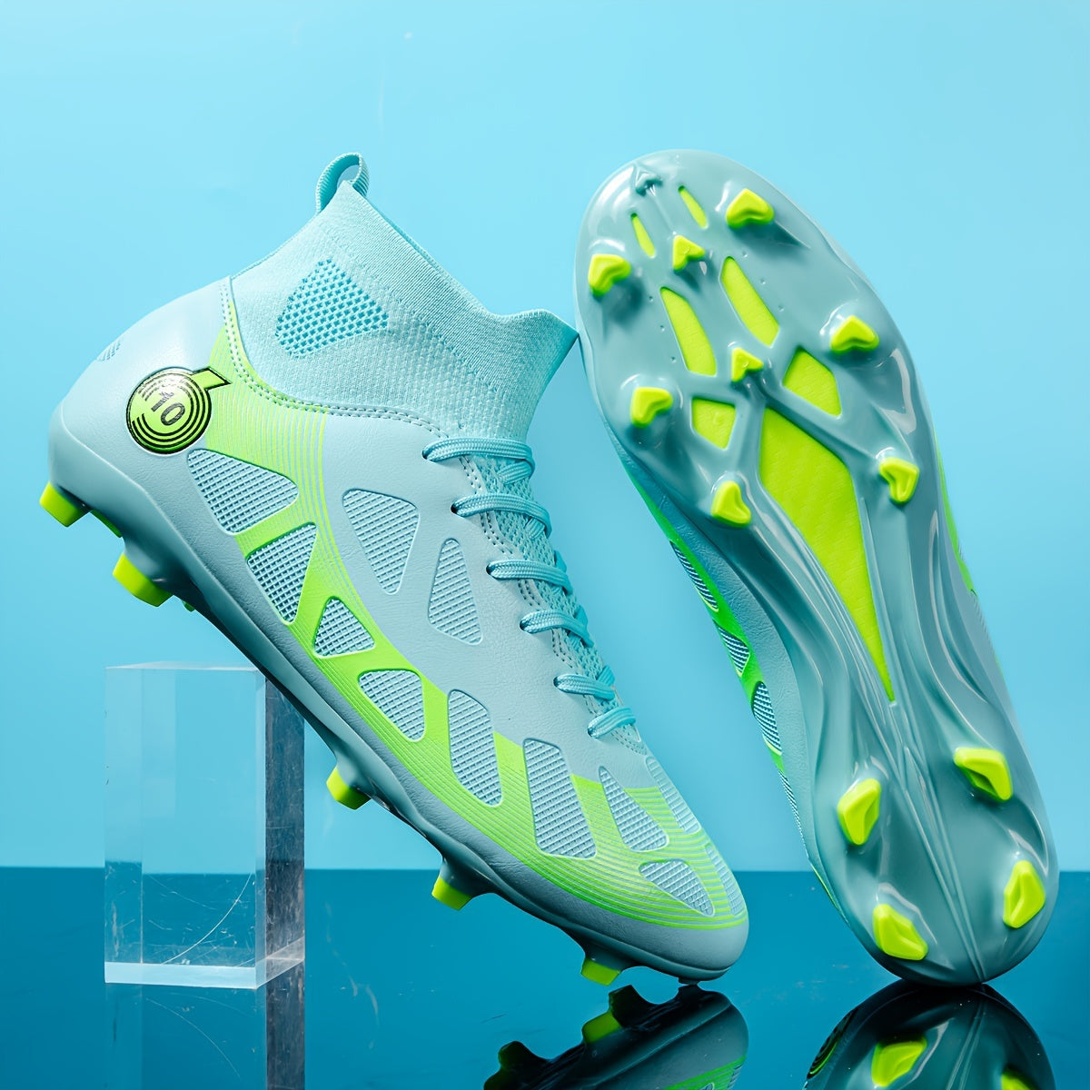 Men's White and Teal High-Top Soccer Cleats with Long Studs for Outdoor Training and Matches