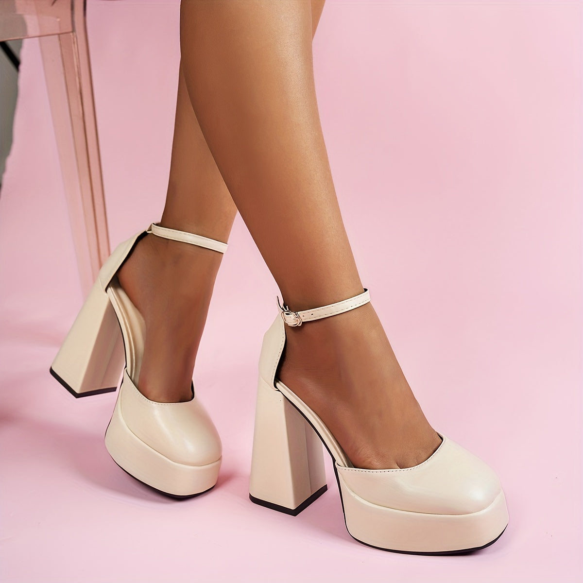 Women's Black Beige Glossy Square Toe High Heel Platform Shoes with Buckle Strap